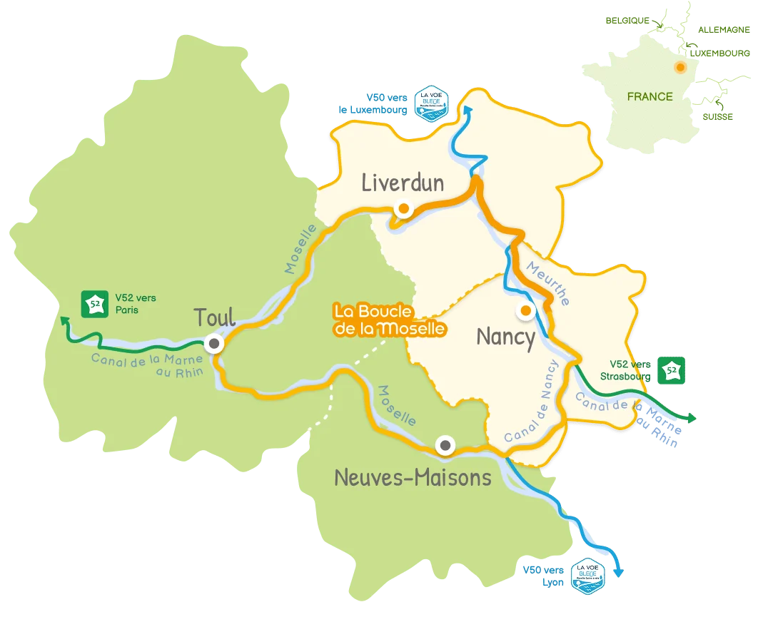 Carte de la Boucle de la Moselle, étape Liverdun – Nancy en surbrillance