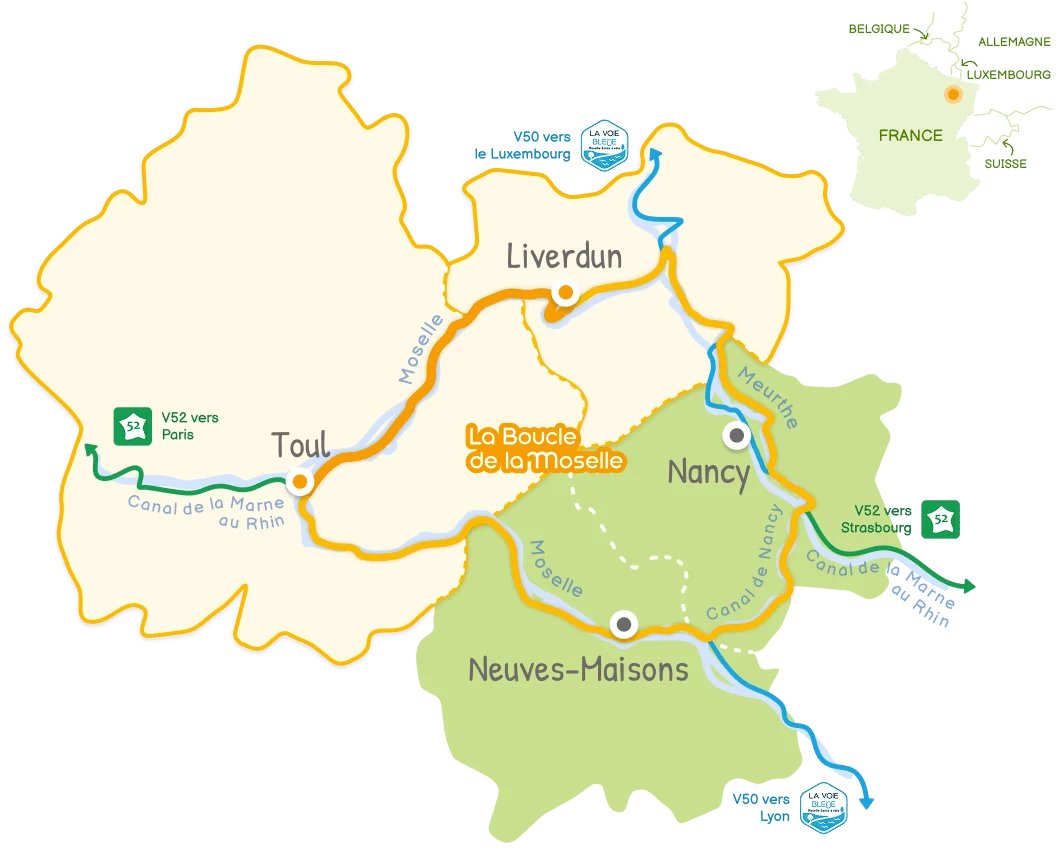 Carte de la Boucle de la Moselle, étape Toul – Liverdun en surbrillance