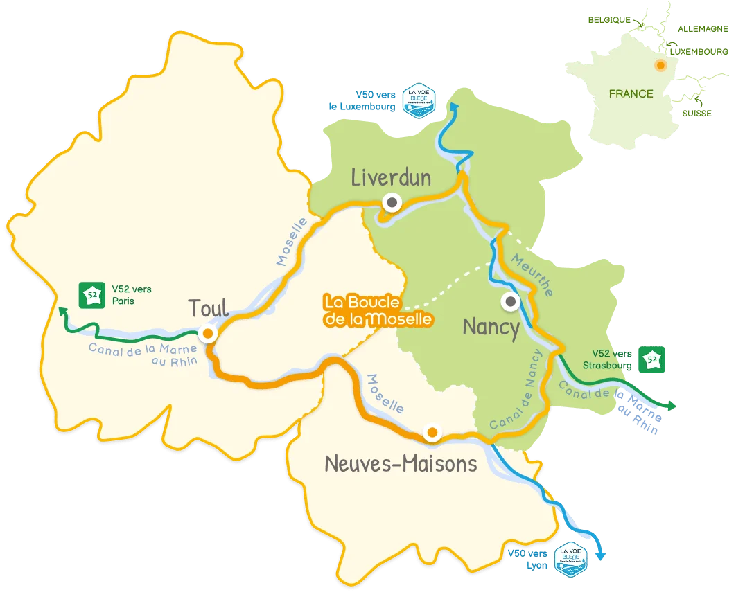 Carte de la Boucle de la Moselle, étape Neuves-Maisons – Toul en surbrillance