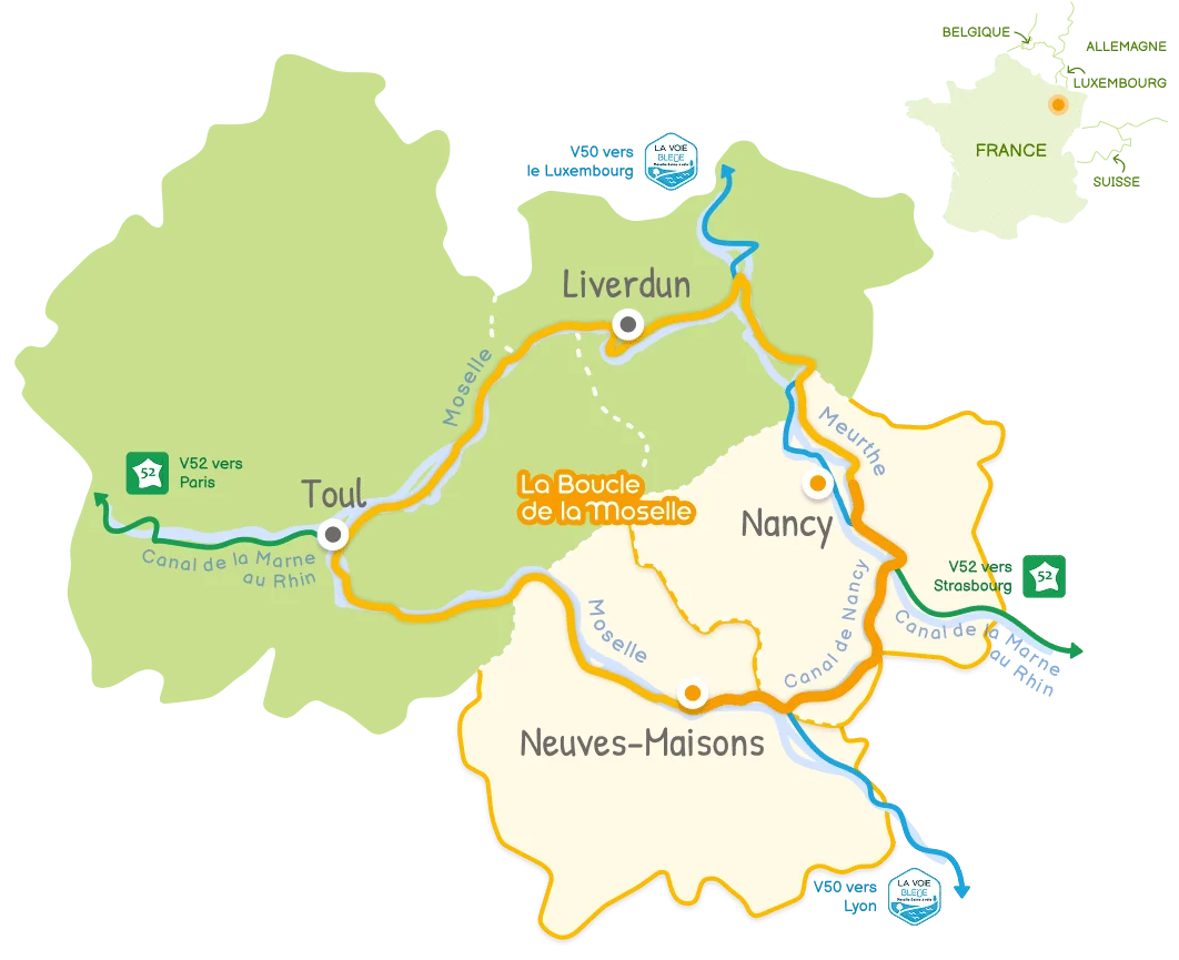 Carte de la Boucle de la Moselle, étape Nancy – Neuves-Maisons en surbrillance