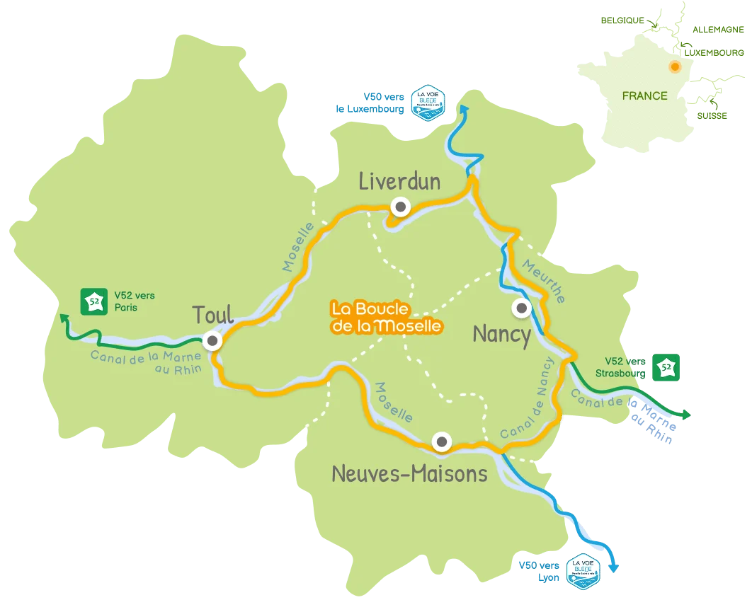 Carte de la Boucle de la Moselle : circuit vélo de Nancy, Neuves-Maisons, Toul et Liverdun